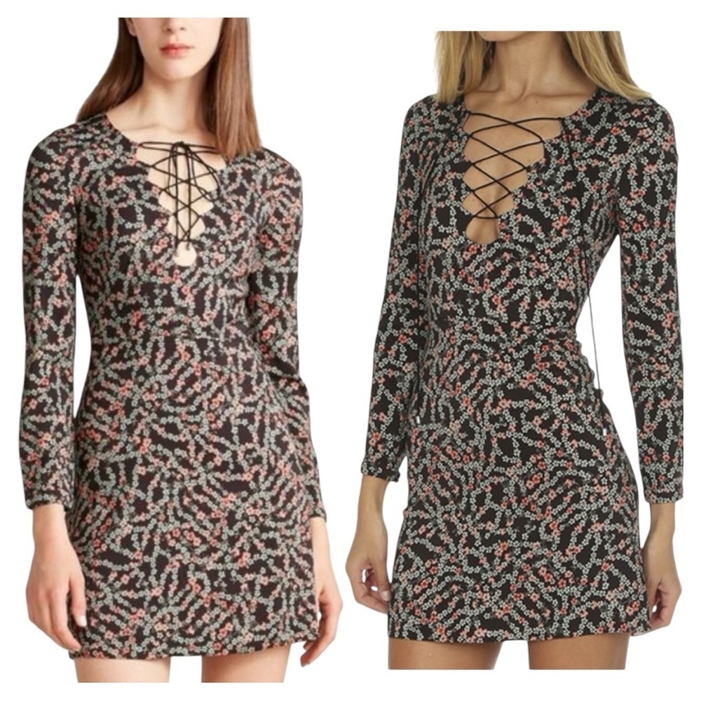 Saloni Nurul Floral Print lace-up V neck Long Sleeve Bodycon Mini Dress Size 6 - Picture 2 of 13